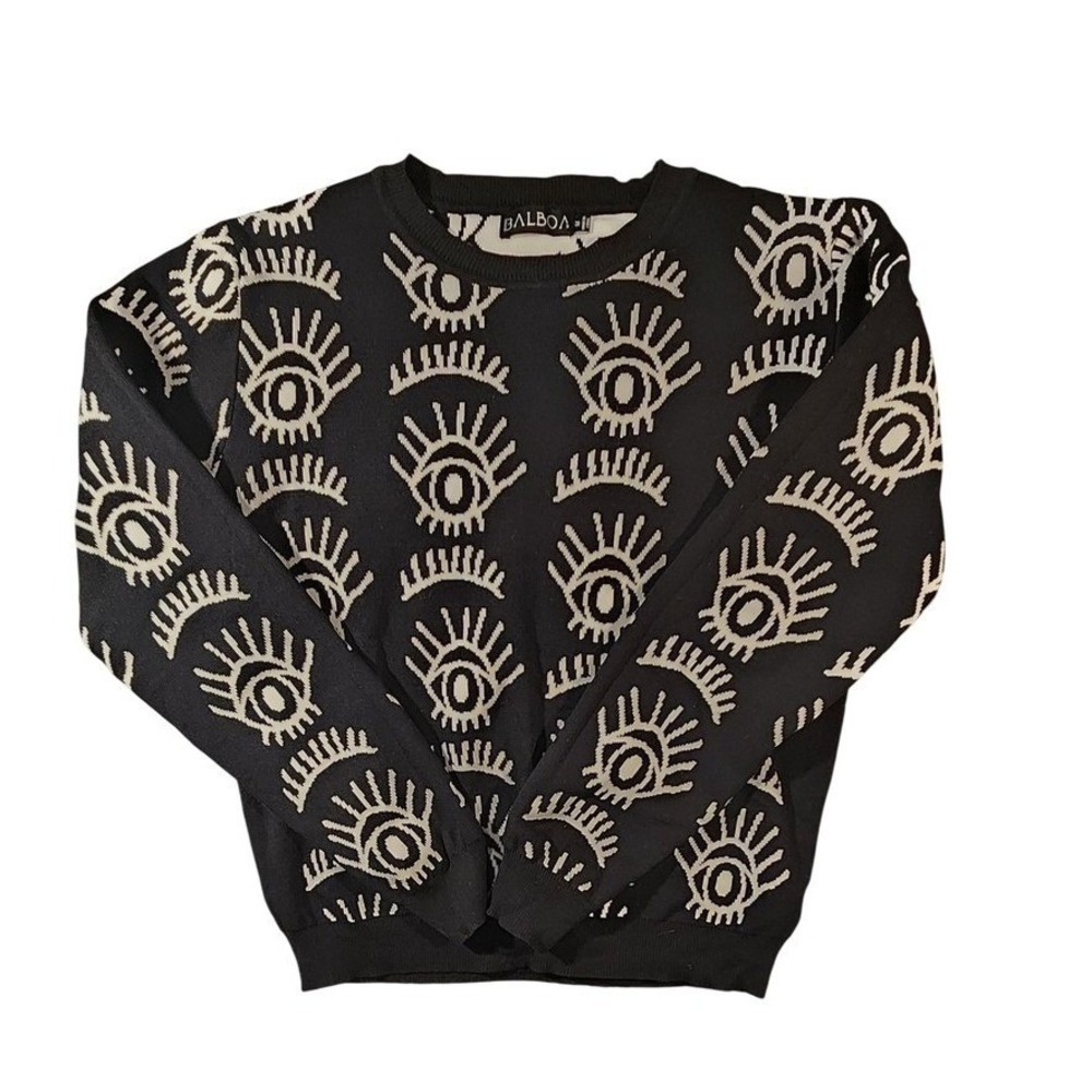 Balboa Sweater‎ Womens Medium Black Eye Graphic Allover Knit Crewneck Pullover